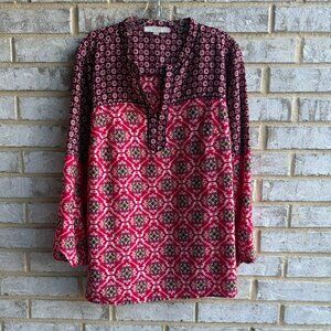 Loft 3/4 Sleeve Split V-Neck Mosaic Multicolor Blouse Women's Size 16